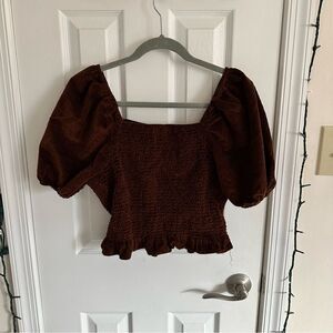 American Eagle Smocked Brown Puff Sleeve Blouse Women’s Size Large